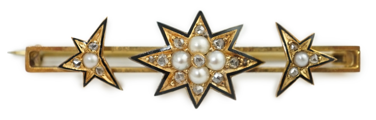 A cased Victorian gold, enamel, rose cut diamond and split pearl set bar brooch